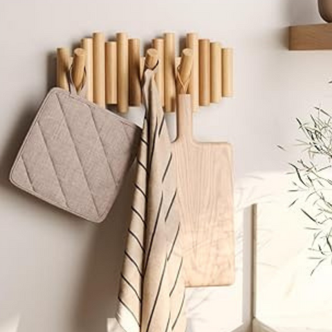 Porte-manteau mural pliable en bois naturel – 5 crochets