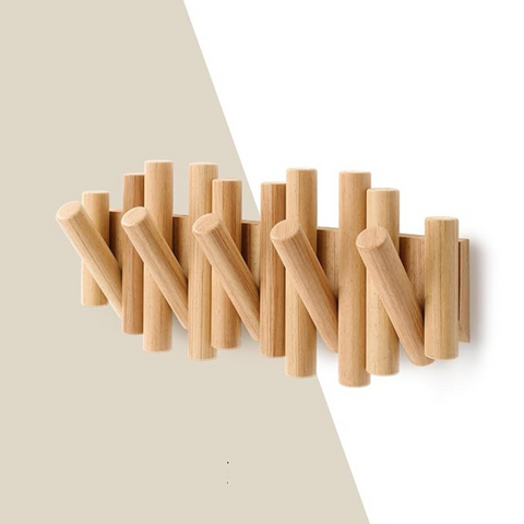 Porte-manteau mural pliable en bois naturel – 5 crochets