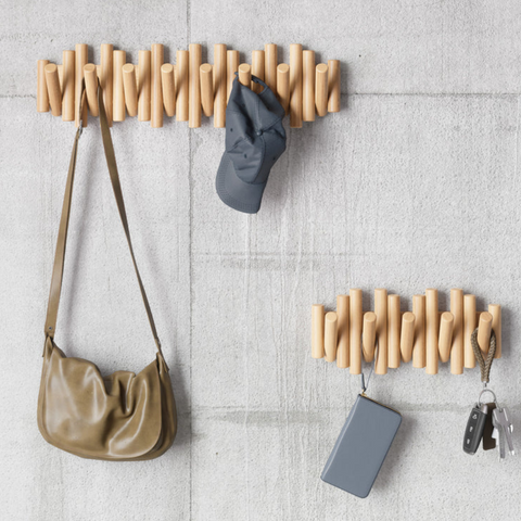 Porte-manteau mural pliable en bois naturel – 5 crochets