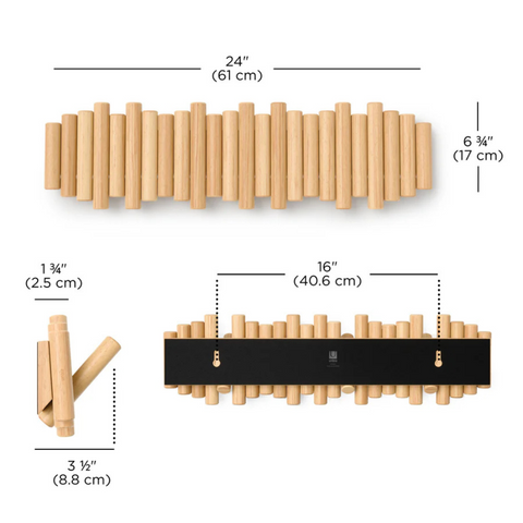 Porte-manteau mural pliable en bois naturel – 5 crochets
