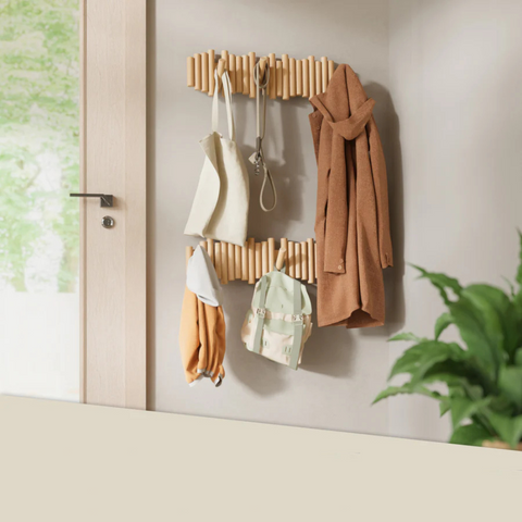 Porte-manteau mural pliable en bois naturel – 5 crochets