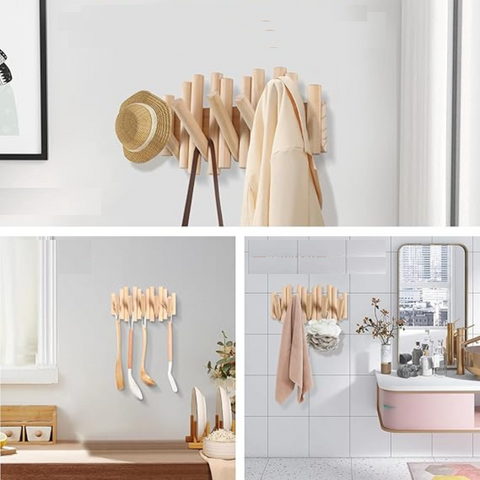 Porte-manteau mural pliable en bois naturel – 5 crochets